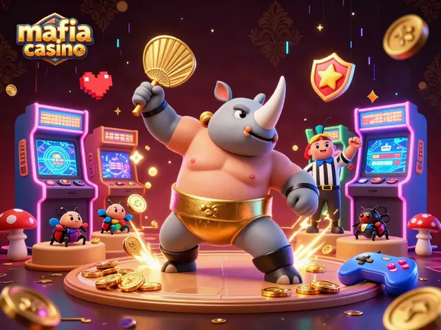 Mafia casino scene showcasing a rhinoceros beetle champion amid flying coins and vibrant arcade elements.