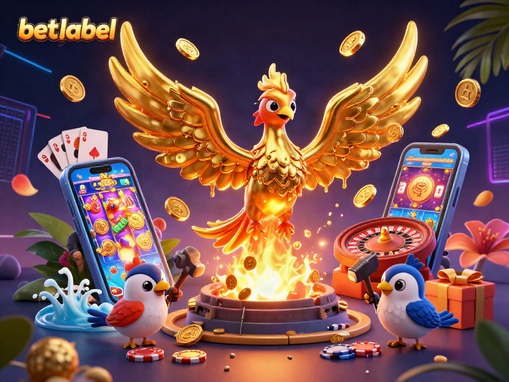 Experience the thrill of betting with betlabel featuring a molten phoenix amidst vibrant casino elements.