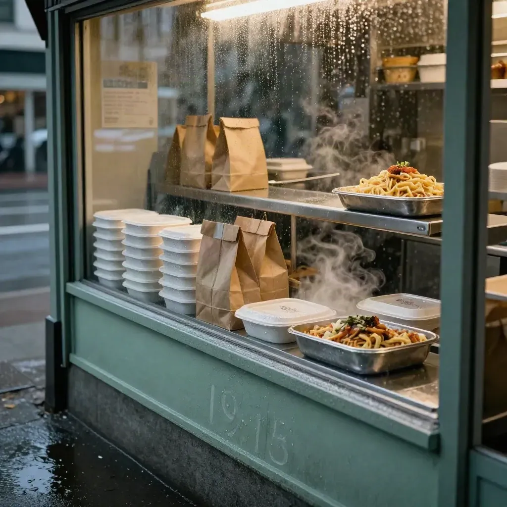 Ristorante italiano con pass caldo, sacchetti kraft e piatti pronti su strada bagnata.