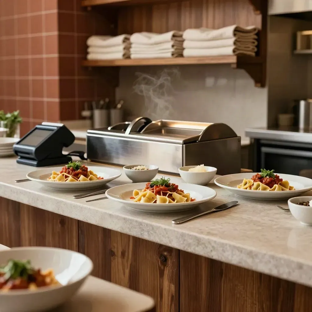 Trattoria bolognese ordinata con piatti pronti, spezie e cassa pulita in luce calda.