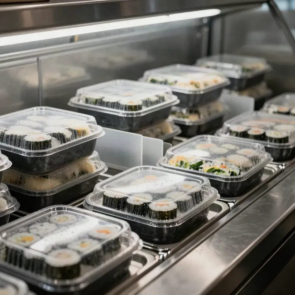 Linea sushi refrigerata con vasche sigillate e condensa in luce drammatica