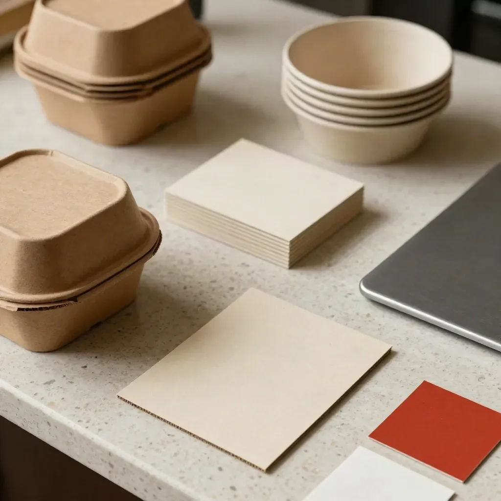 Kit onboarding per ristorante con contenitori takeout, supporto tablet e campioni su travertino.