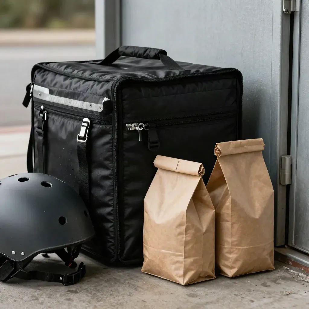 Kit delivery con borsa termica, casco scooter e sacchetti sigillati al varco del garage.