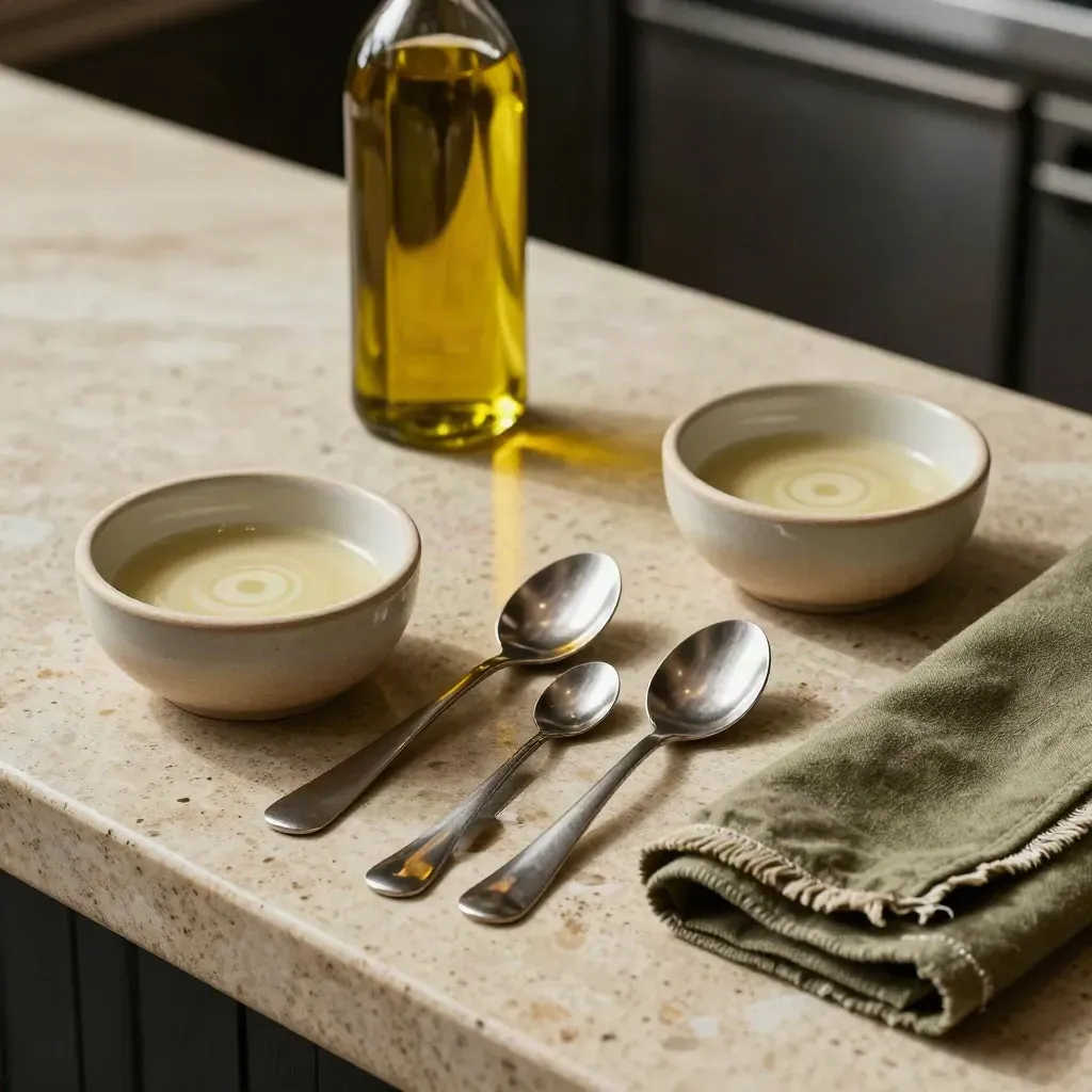 Set degustazione con cucchiaini, ciotoline in ceramica, olio e lino su travertino caldo.