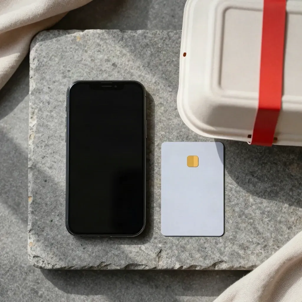 Flat lay dall’alto con smartphone, carta contactless e box takeout sigillato su pietra chiara.