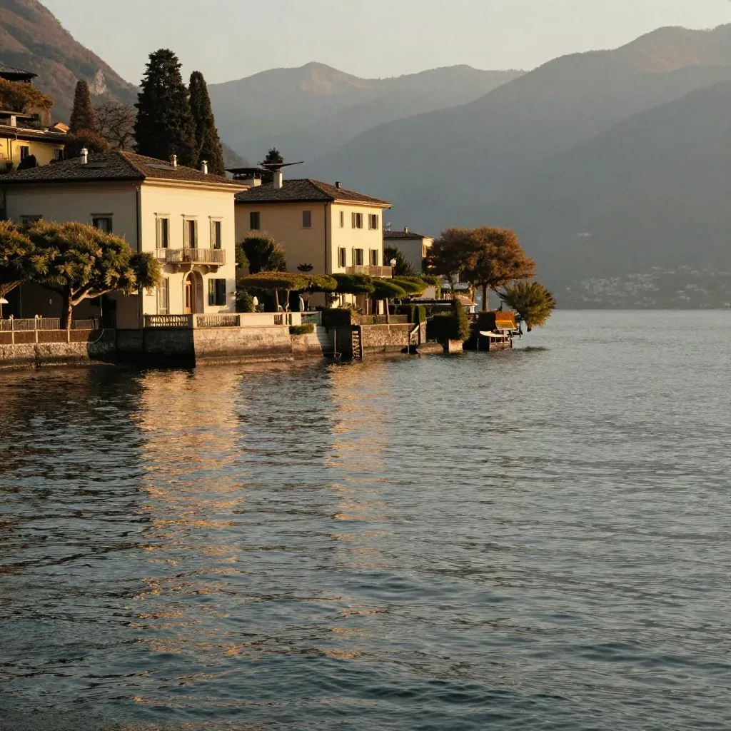 Lago di Como al tramonto con ville e montagne velate sopra acqua calma.