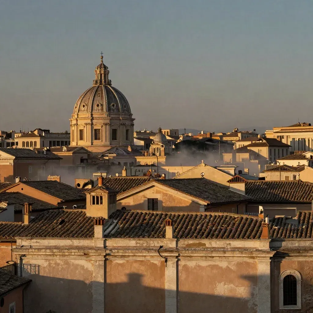 Roma al tramonto con cupole e tetti in cotto, foschia calda e pietra chiara.
