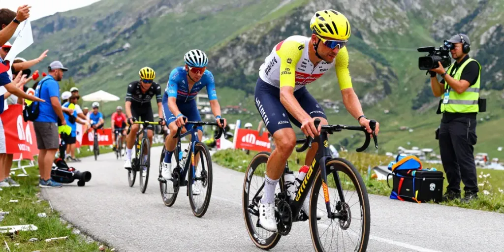 Scena della Vuelta a España 2026 con Pogačar in testa, evidenziando il mercato ciclismo.